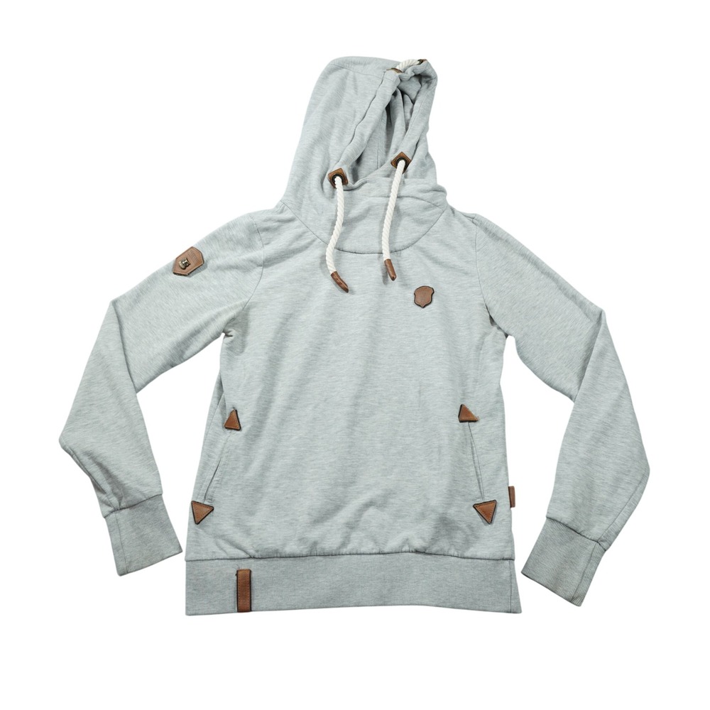 Naketano Large Brave New Word Gray Cowl Neck Hoodie Rope Drawstring Owl Patch